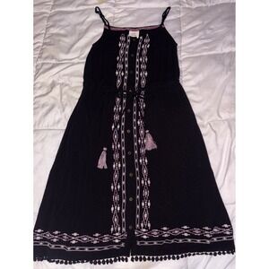Knox‎ Rose Black Boho Embroidered Mini Dress Tassel Tie Flowy, XS